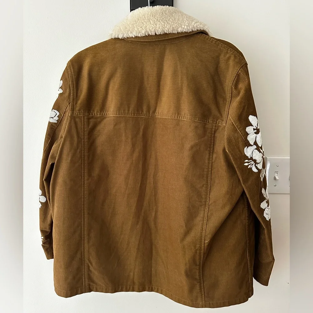 Gorgeous Tory Burch Brown Corduroy Jacket with White Floral Details - Picture 3 of 12